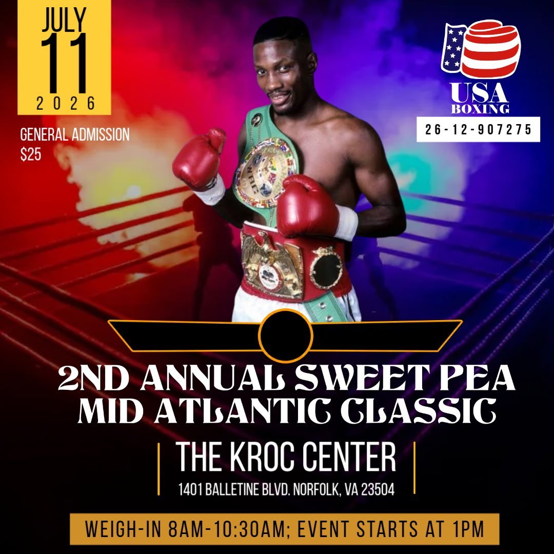 Boxing event poster for the 2nd Annual Sweet Pea Mid Atlantic Classic on July 11, 2026 at the Kroc Center in Norfolk, VA featuring a boxer with championship belts