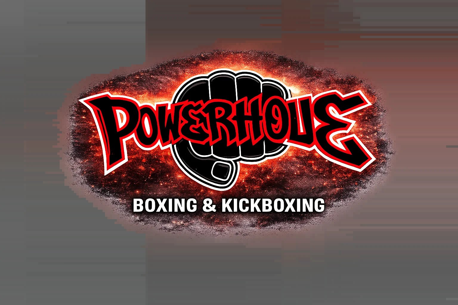 Powerhouse Boxing and Kickboxing logo with red neon text and a fist design on black background